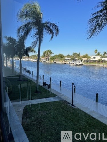 A view of a waterfront with palm trees and a clear sky.