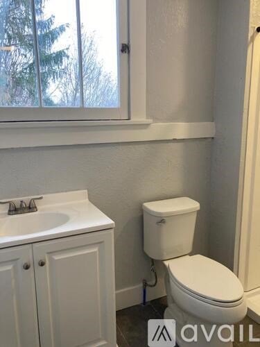 A white toilet in a bathroom with a sink and cabinet.