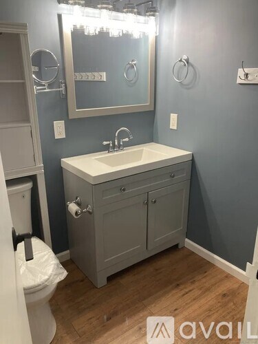 A bathroom with a white sink and a mirror above it.