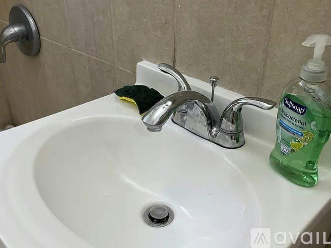 A white sink with a green bottle of soap on it.