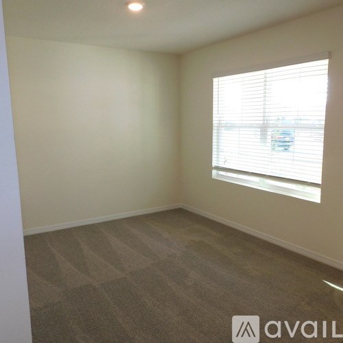 A room with a carpeted floor and a window with blinds.