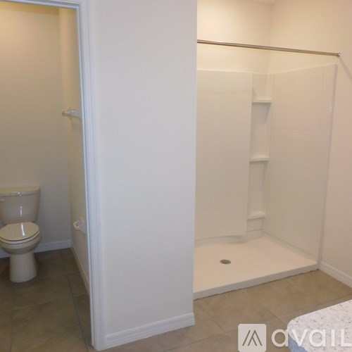 A white toilet is in a bathroom next to a walk-in shower.