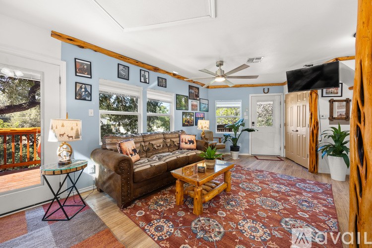 A living room with a brown couch and a red rug.