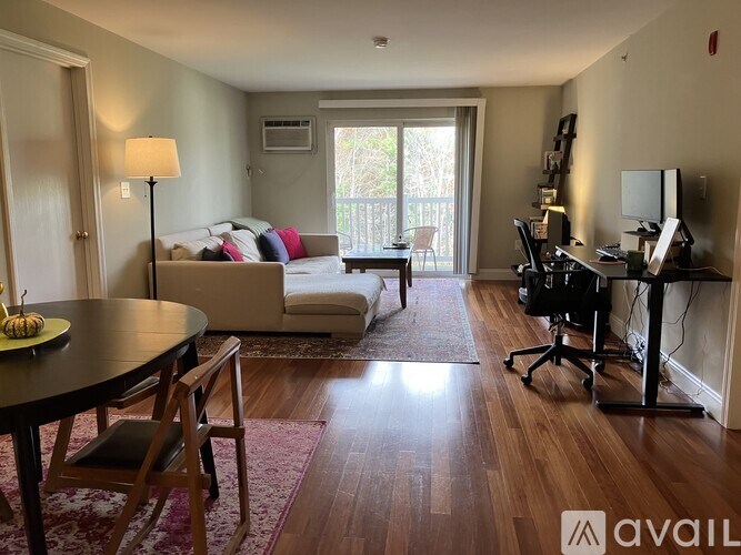 A living room with a couch, a chair, a dining table, and a television.