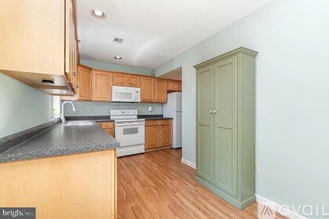 A kitchen with wooden cabinets and a green door.