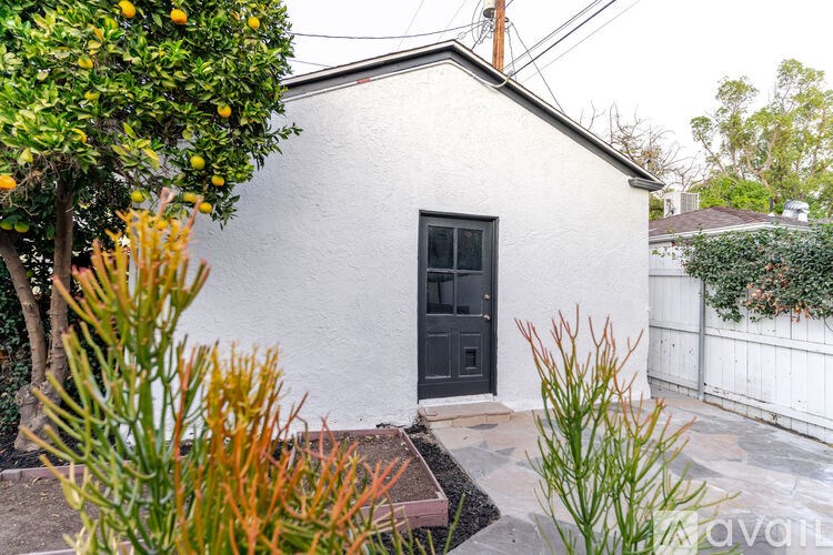 A small white house with a black door surrounded by greenery.