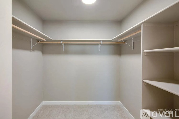 A white closet with a carpeted floor and a hanging rod.