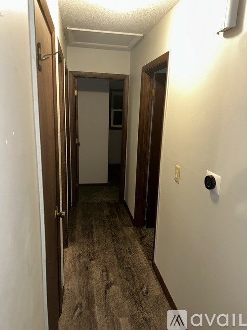 A hallway with a white door on the left and a brown door on the right.