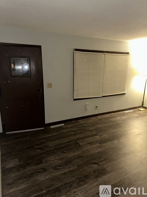 A room with a wooden floor and a brown door.