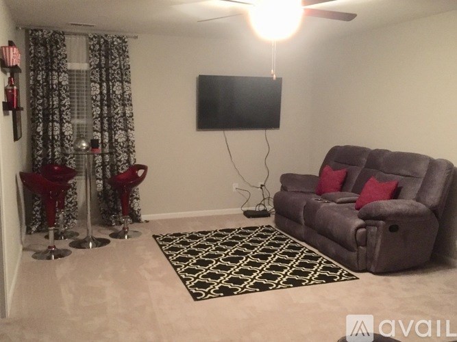 A living room with a grey couch, a black TV, and a patterned rug.