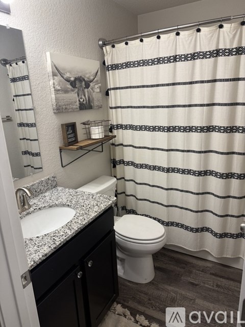 A bathroom with a toilet, sink, and shower curtain.
