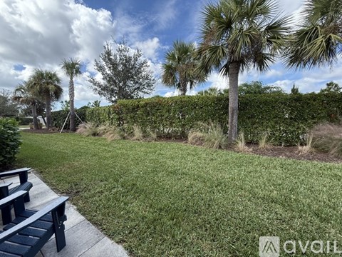 A park with a bench and a tree.