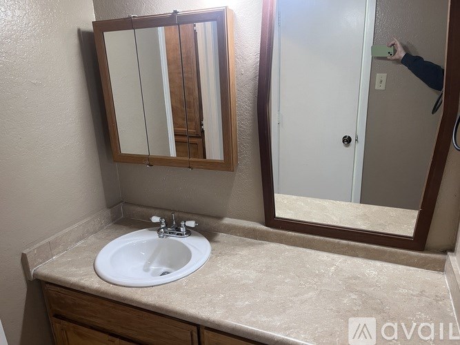 A bathroom with a sink, mirror, and a door.