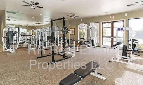 A gym with a variety of equipment including a squat rack, bench, and weights.
