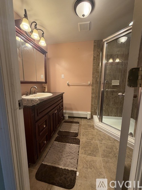 A bathroom with a sink, mirror, and rug.