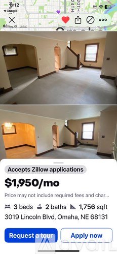A real estate listing shows a two-bedroom, two-bathroom apartment for rent at $1,950 per month.