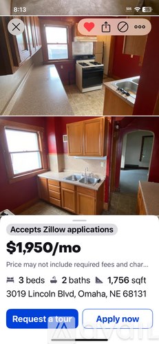 A listing for a $1,950/mo apartment in Omaha, NE.