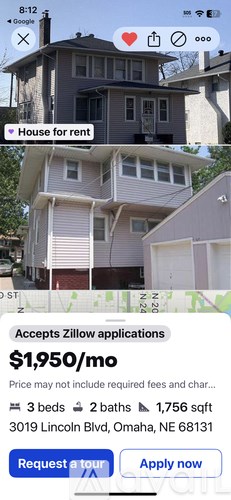 A house for rent is advertised on a mobile phone screen.