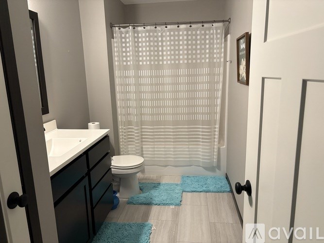 A bathroom with a toilet, sink, and shower curtain.