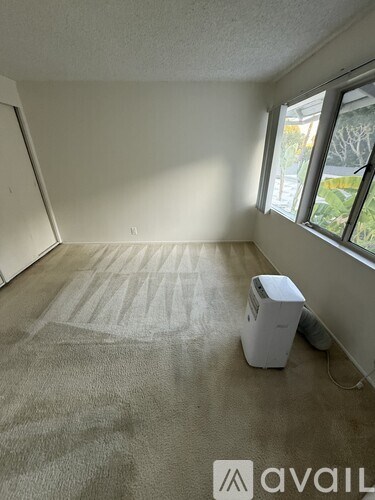 A room with a carpet and a window.