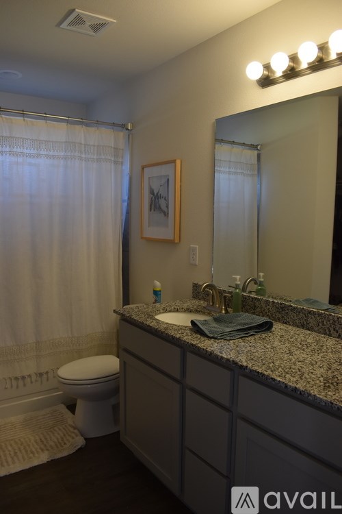 A bathroom with a toilet, sink, mirror, and lights.