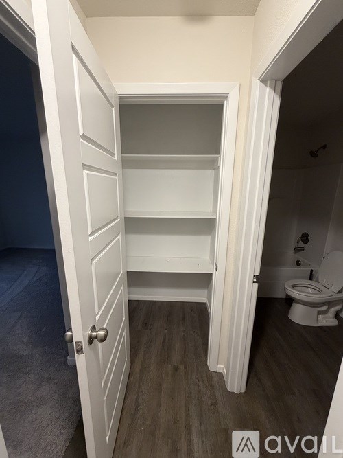 A white door with a shelving unit inside is open.
