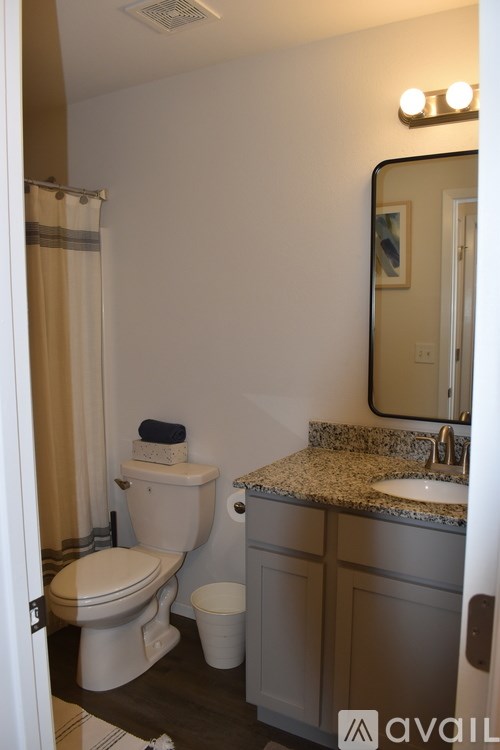 A bathroom with a toilet, sink, and mirror.