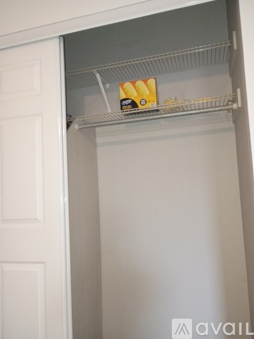 A white door is open to a white pantry with three shelves.