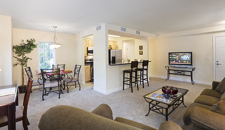 a living room with a couch and a table and a television