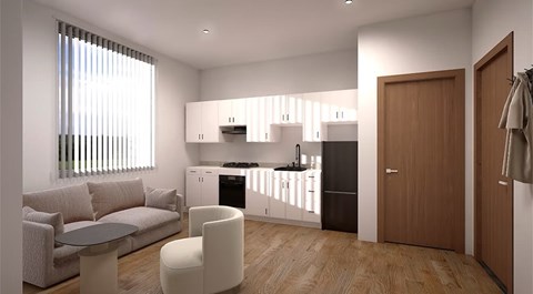 A modern kitchen with a dining table and chairs.