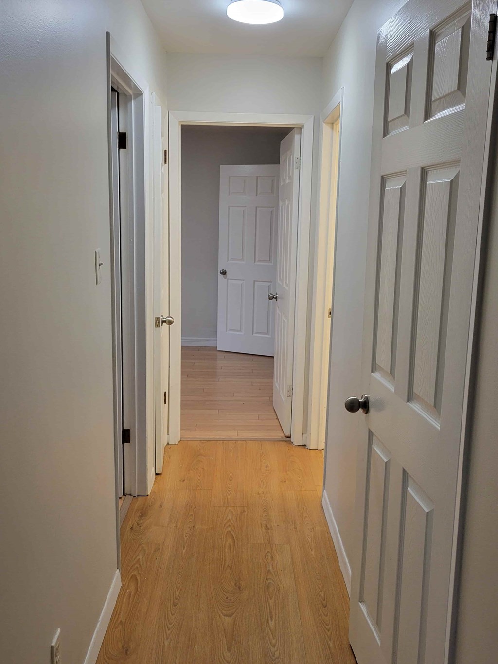 A hallway with a white door on the right and a white door on the left.