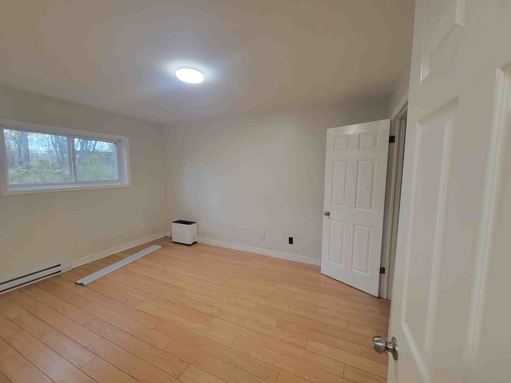 A room with wooden flooring and a white door.