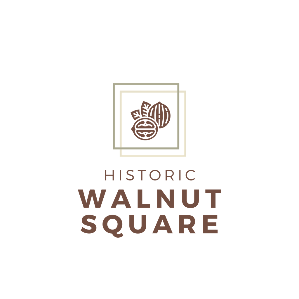 A logo with a walnut and the words "Historic Walnut Square" on a black background.