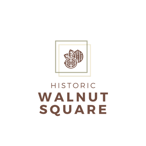A logo with a walnut and the words "Historic Walnut Square" on a black background.