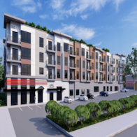 A street view of a building with a red stripe on the ground floor.