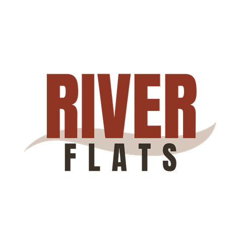 A logo with the words "River Flats" in a stylized font.