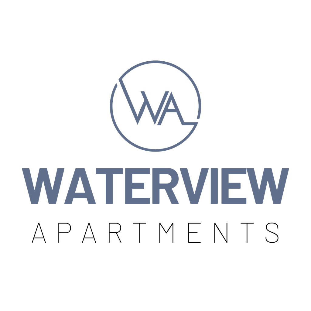 A logo with the text "WATERVIEW APARTMINIS" in front of it.