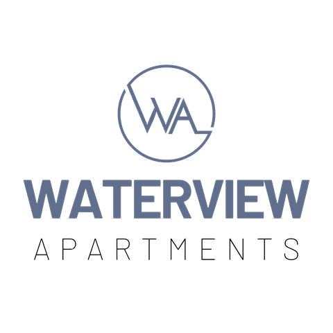 A logo with the text "WATERVIEW APARTMINIS" in front of it.