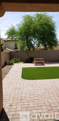 A backyard with a green lawn and a tree.