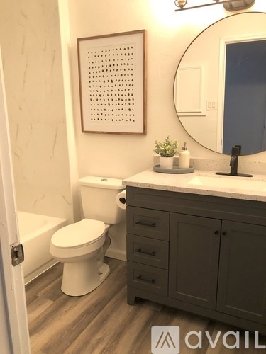A bathroom with a toilet, sink, and a mirror.
