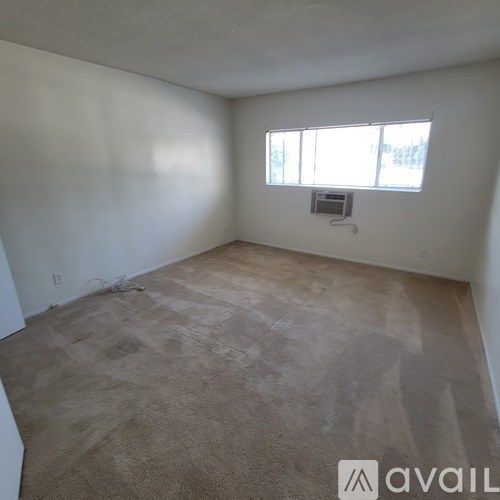 A room with a carpeted floor and a window.