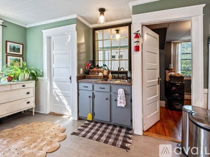 A kitchen with a white door and a green wall.