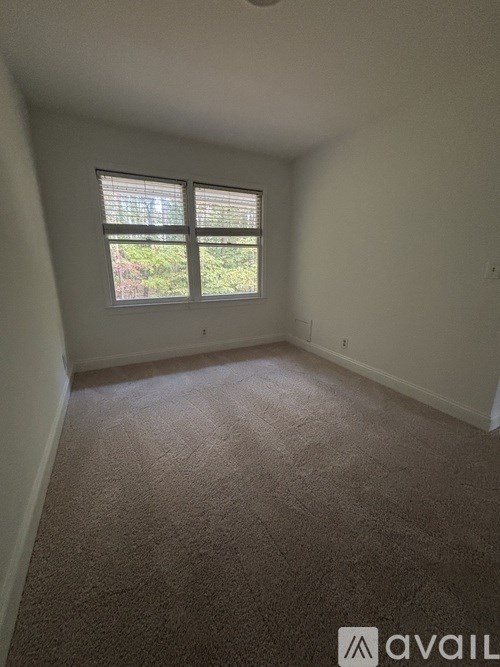 A room with a carpeted floor and a window with blinds.