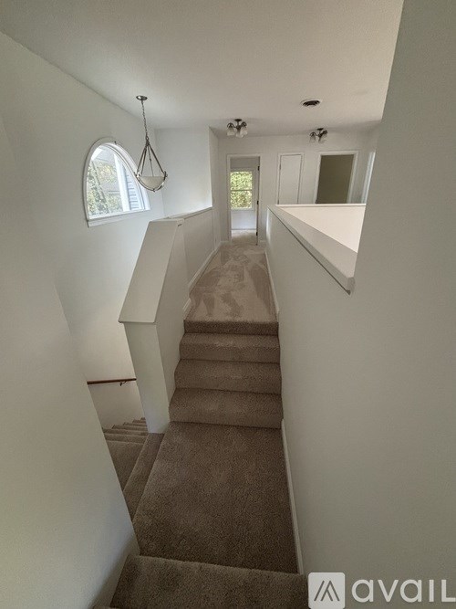 A staircase with a carpeted runner leads up to a landing with a window and a door.