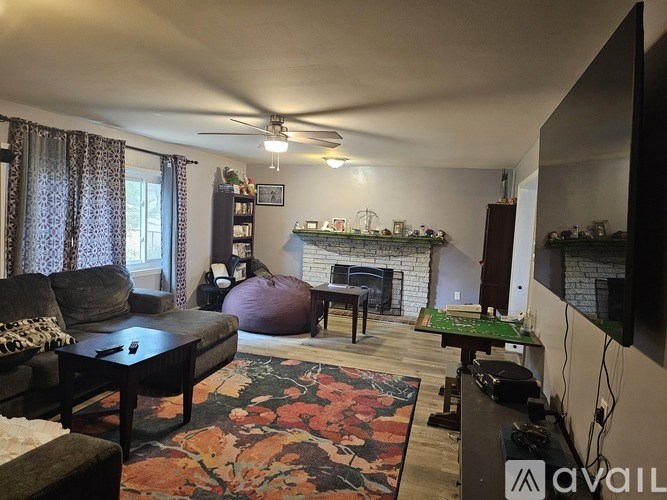 A living room with a fireplace and a television.