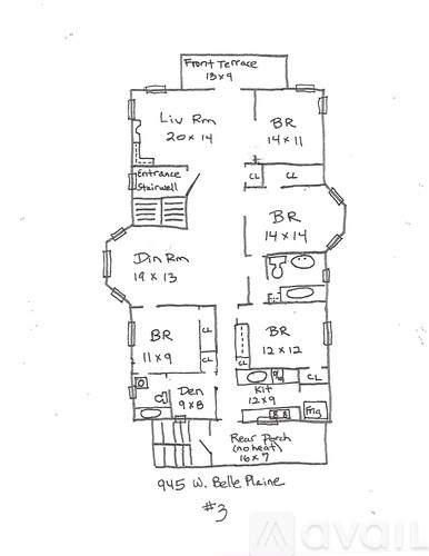A hand-drawn floor plan of an apartment, labeled #3 at 495 W. Belle Plaine.