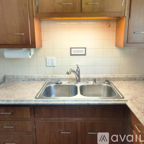 A kitchen with a sink and a countertop.