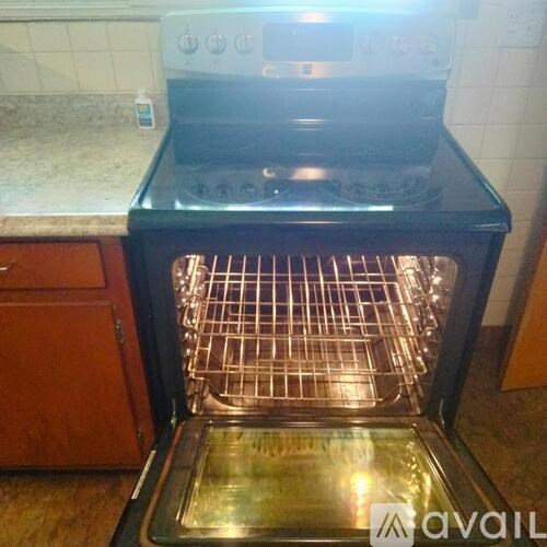 A black oven with the door open and a glass baking pan inside.