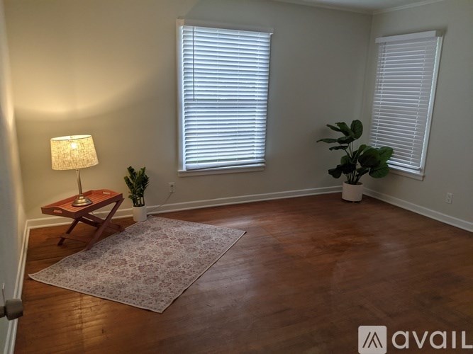 A room with a wooden floor, a rug, a lamp, and two plants.