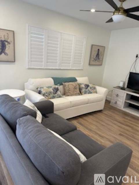 A living room with a grey couch and a white couch.